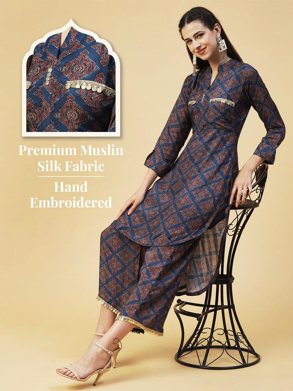 Ajarak Printed Hand Embroidered Asymmetric Hem Kurta With Pants - Indigo Blue - Indiakreations