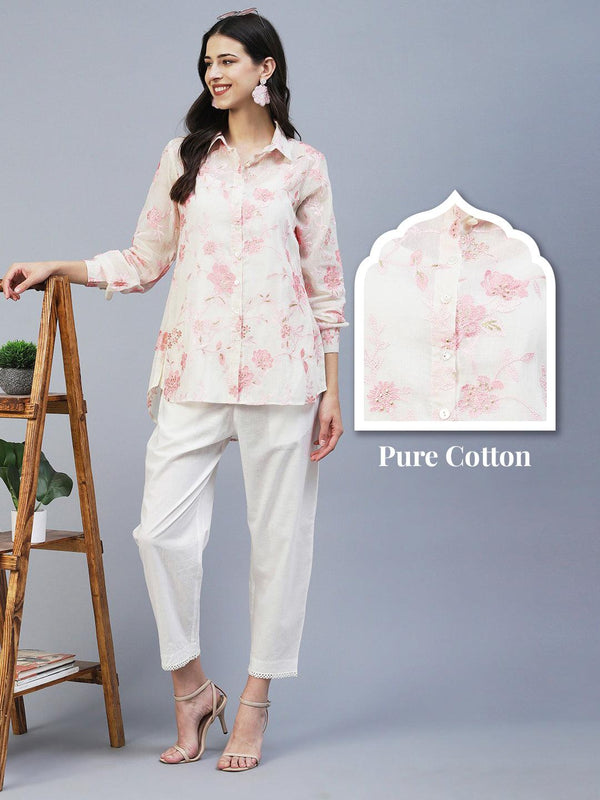 Floral Embroidered Straight Fit Shirt with Pant - Off White - Indiakreations