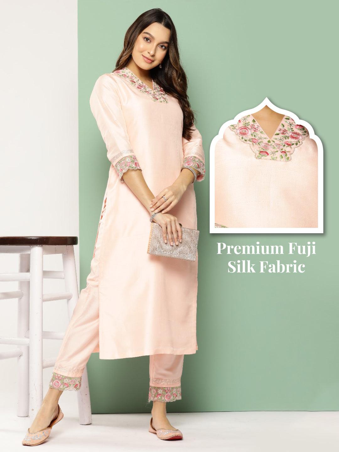 Solid Floral Embroidered Straight Fit Kurta with Pant - Peach - Indiakreations