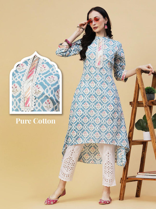 Ethnic Floral Printed Pakistani Style A-Line Kurta with Pant - Blue - Indiakreations