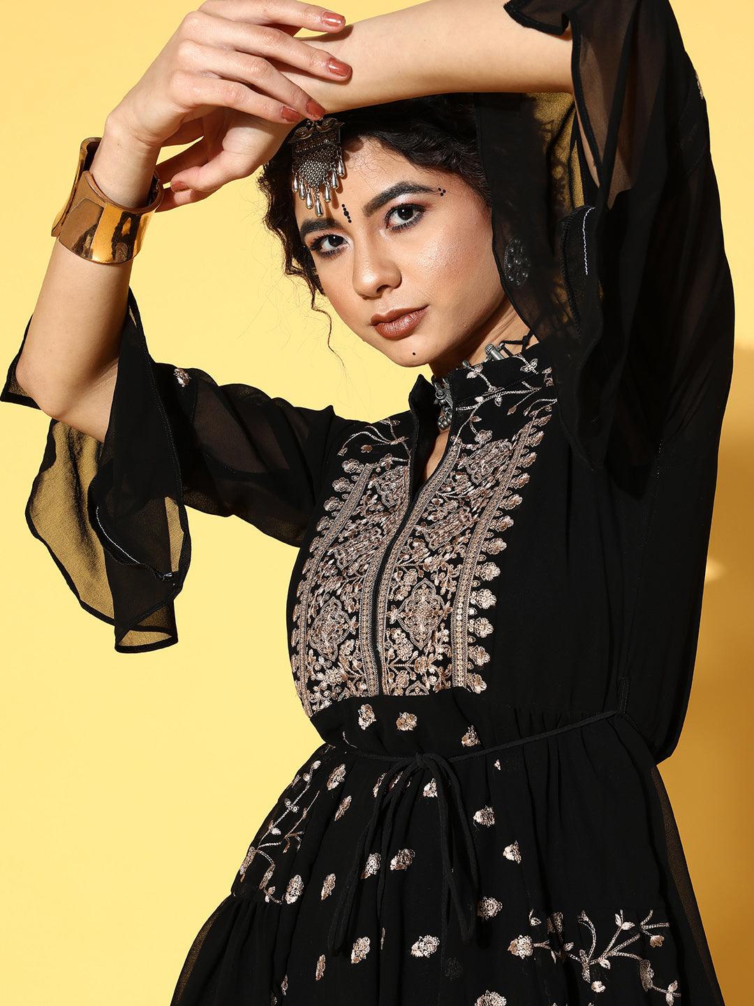 Ethnic Embroidered Short Kurta with Palazzo with Belt - Black - Indiakreations