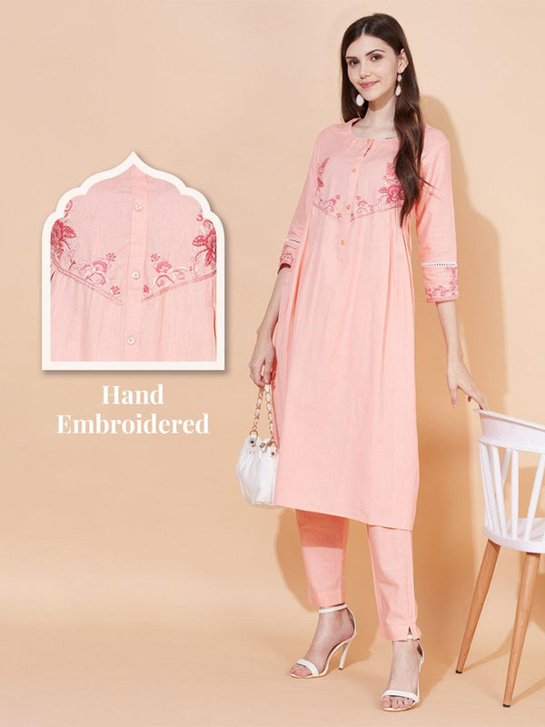 Floral Hand Embroidered A-Line Kurta with Pants - Peach - Indiakreations