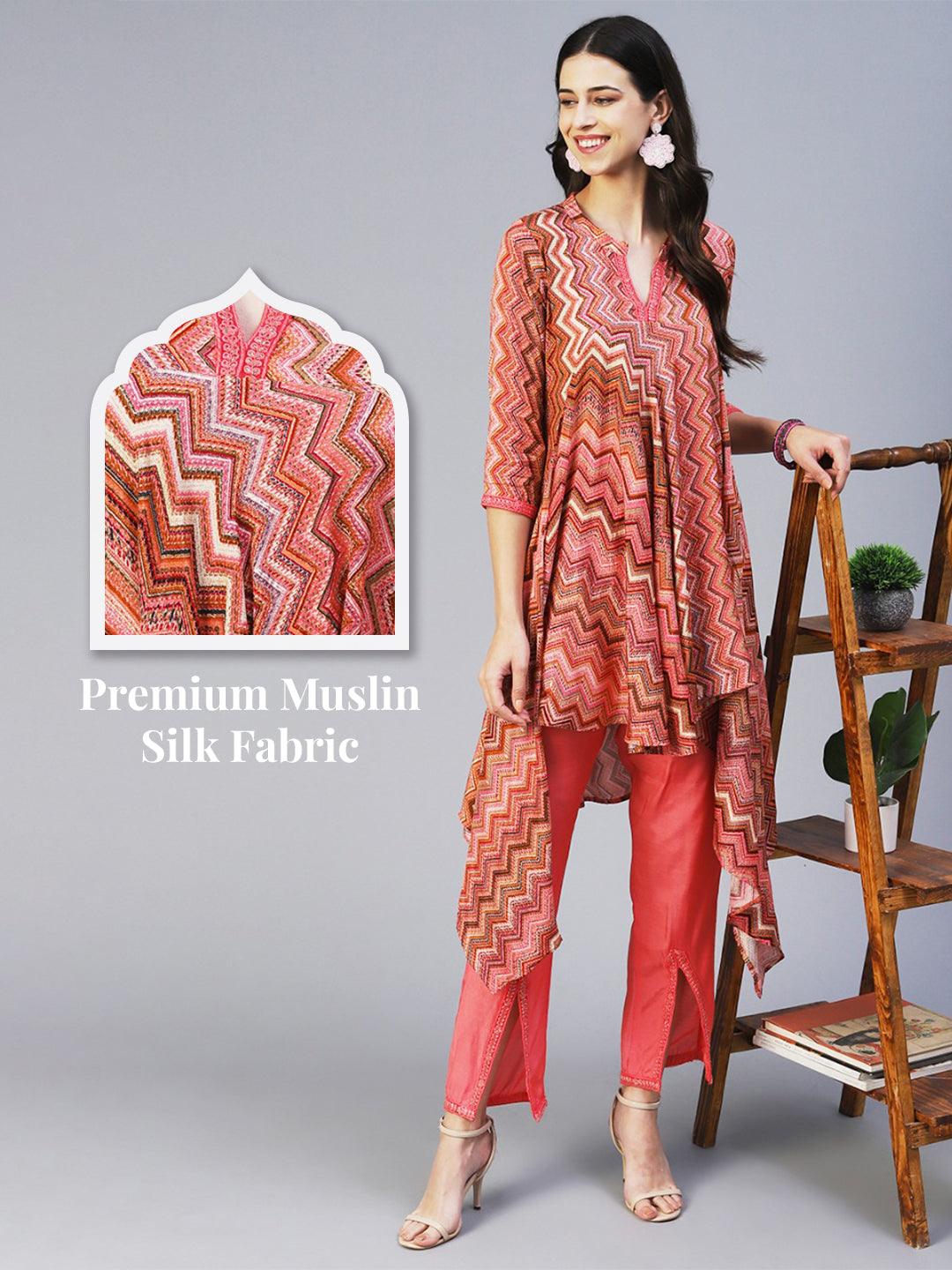 Chevron Printed Asymmetrical Kurta with Pant - Peach - Indiakreations