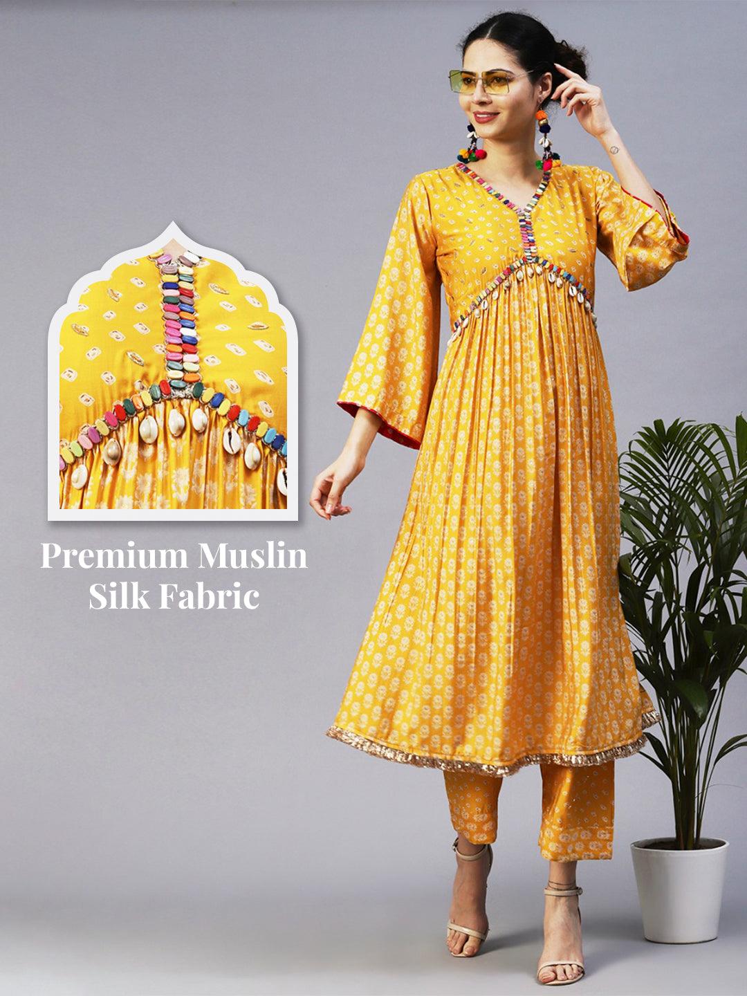 Floral & Bandhani Printed Embroidered A-Line Kurta with Pant - Yellow - Indiakreations