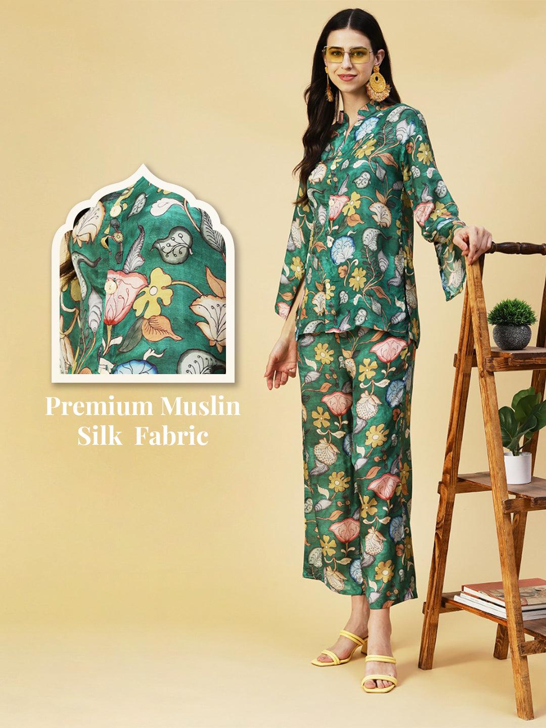 Kalamkari Floral Printed Co-ord Set - Green - Indiakreations