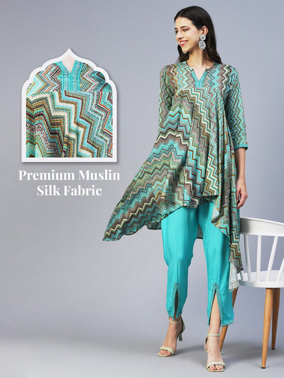 Chevron Printed Asymmetrical Kurta with Pant - Turquoise Blue - Indiakreations