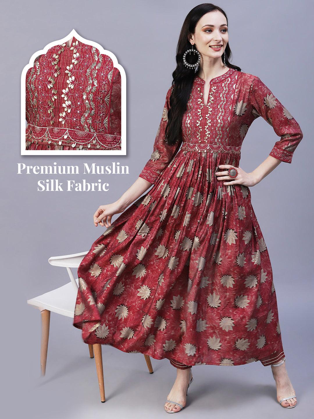 Floral Printed Leather & Resham Embroidered Gathered Kurta With Pants - Maroon - Indiakreations