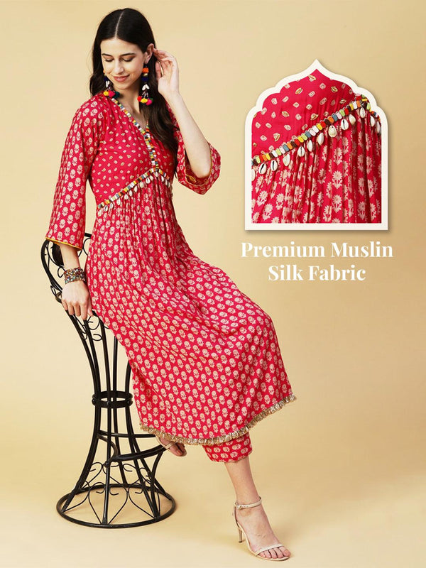 Floral & Bandhani Printed Embroidered A-Line Kurta with Pant - Fuchsia - Indiakreations