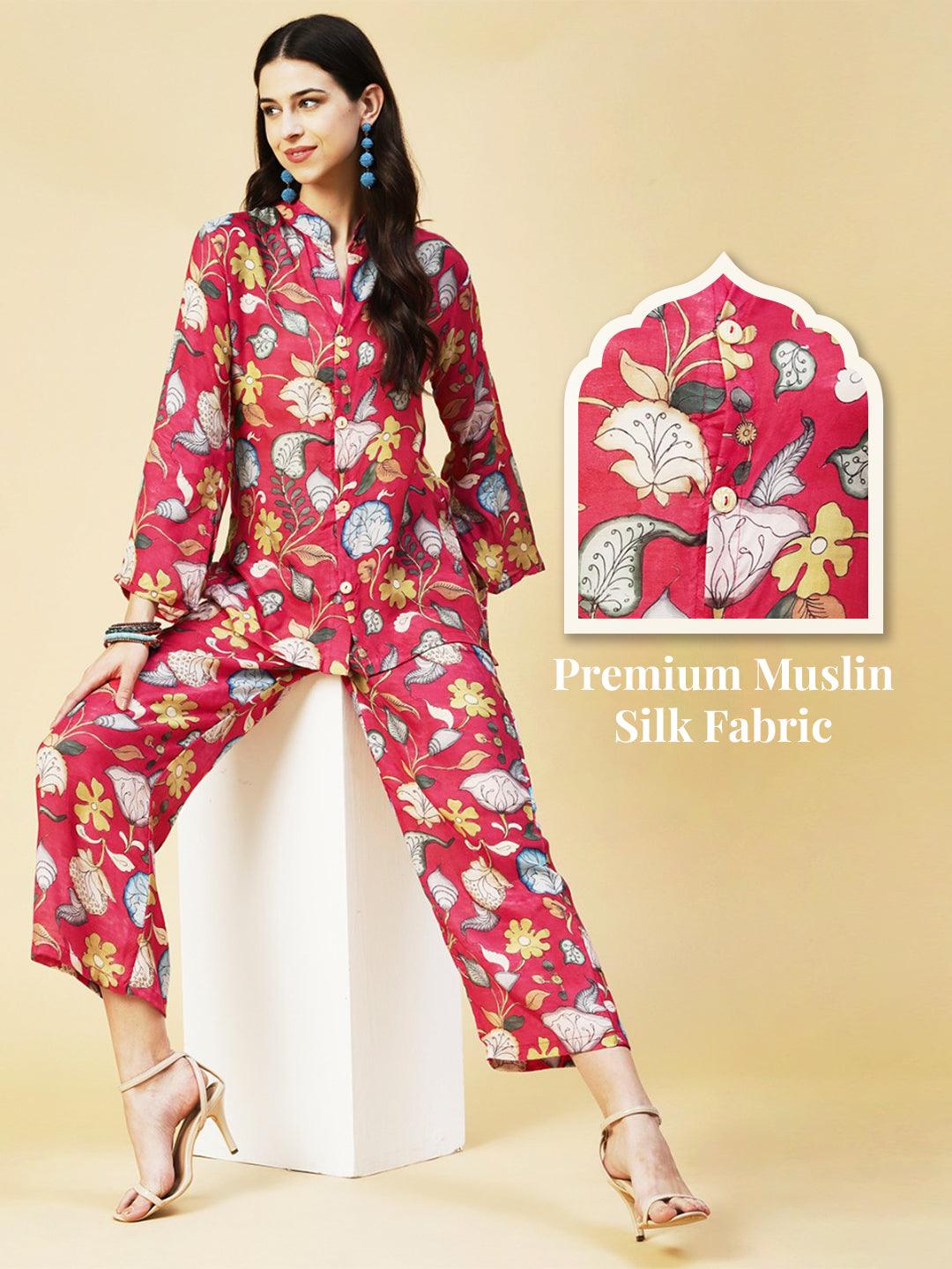 Floral Printed Straight Fit Co-ord Set - Red - Indiakreations