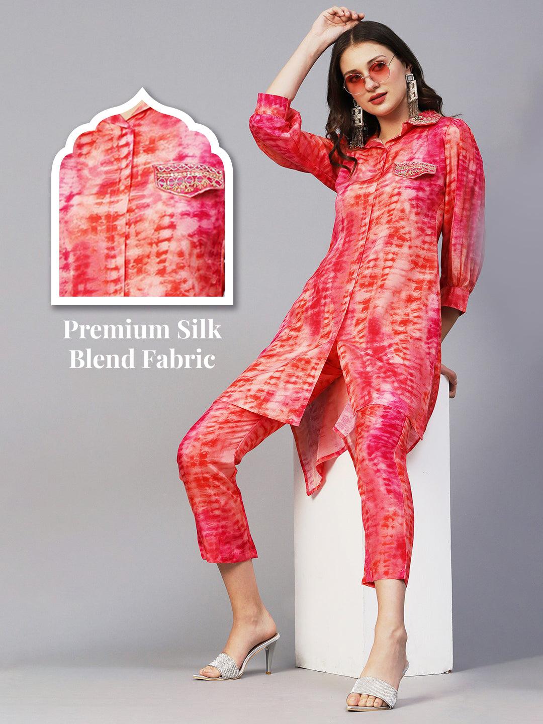 Shibori Printed Mirror & Zardozi Embroidered High Low Hem Shirt With Pants - Peach - Indiakreations