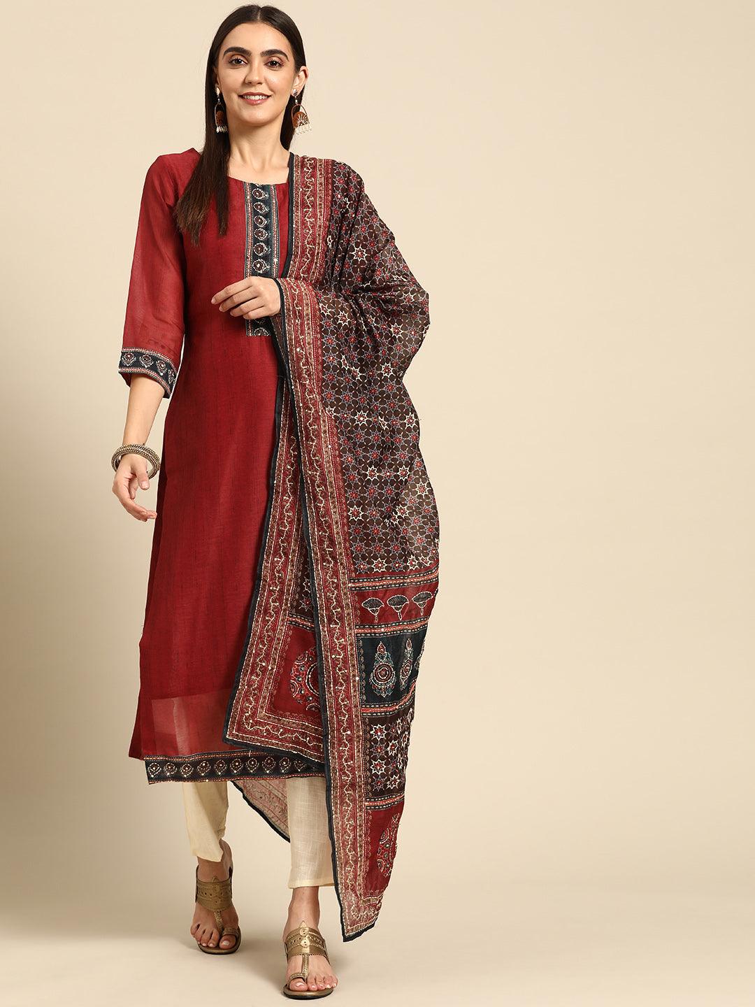 Kantha Embroidered Kurta with Printed Dupatta - Red - Indiakreations