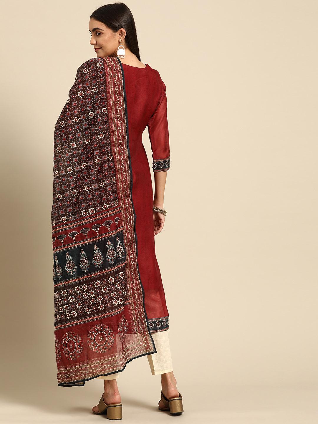 Kantha Embroidered Kurta with Printed Dupatta - Red - Indiakreations