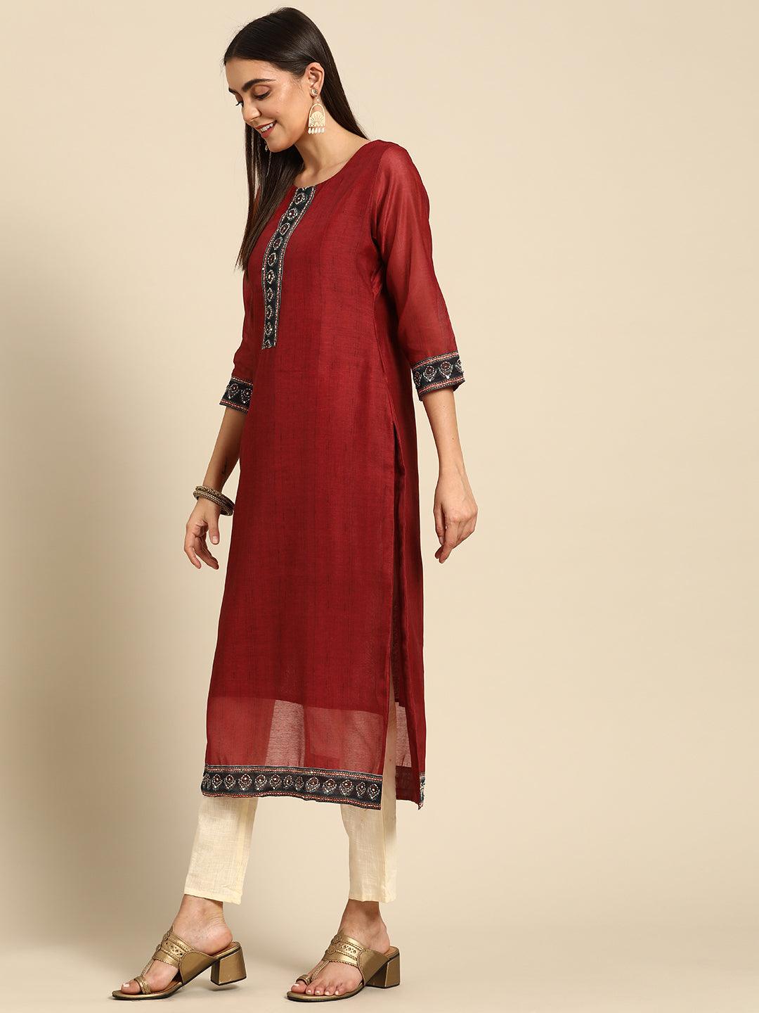 Kantha Embroidered Kurta with Printed Dupatta - Red - Indiakreations