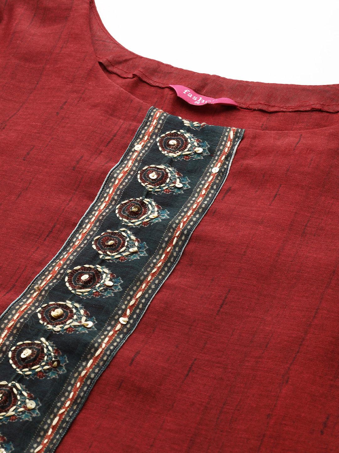 Kantha Embroidered Kurta with Printed Dupatta - Red - Indiakreations