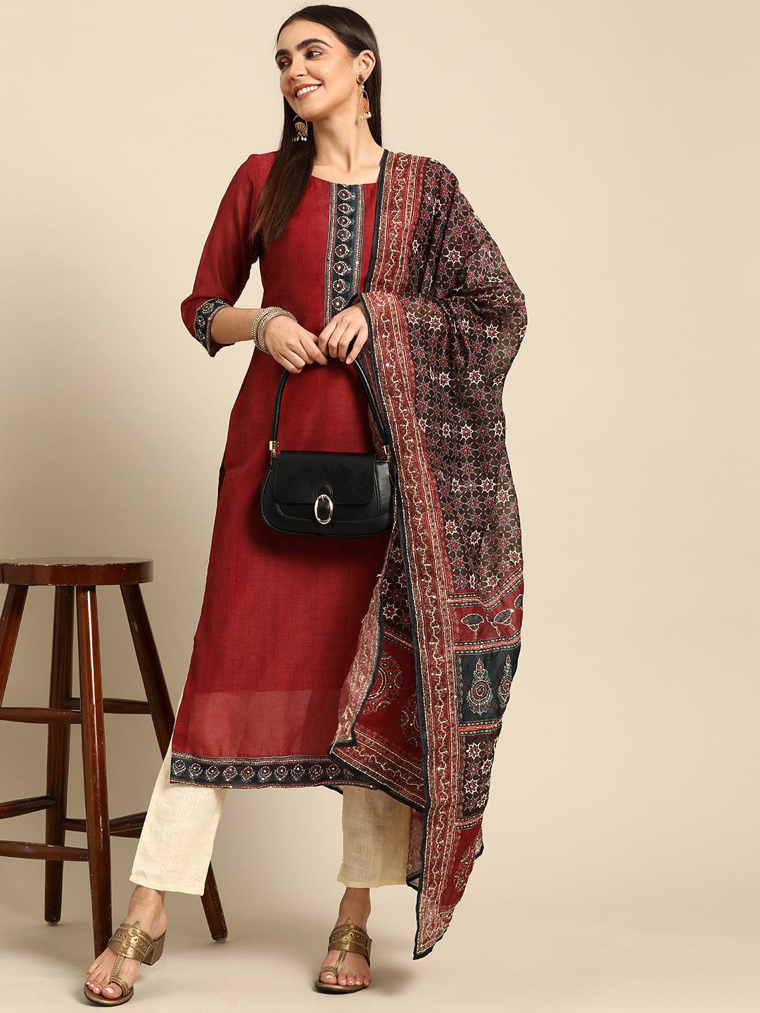 Kantha Embroidered Kurta with Printed Dupatta - Red - Indiakreations