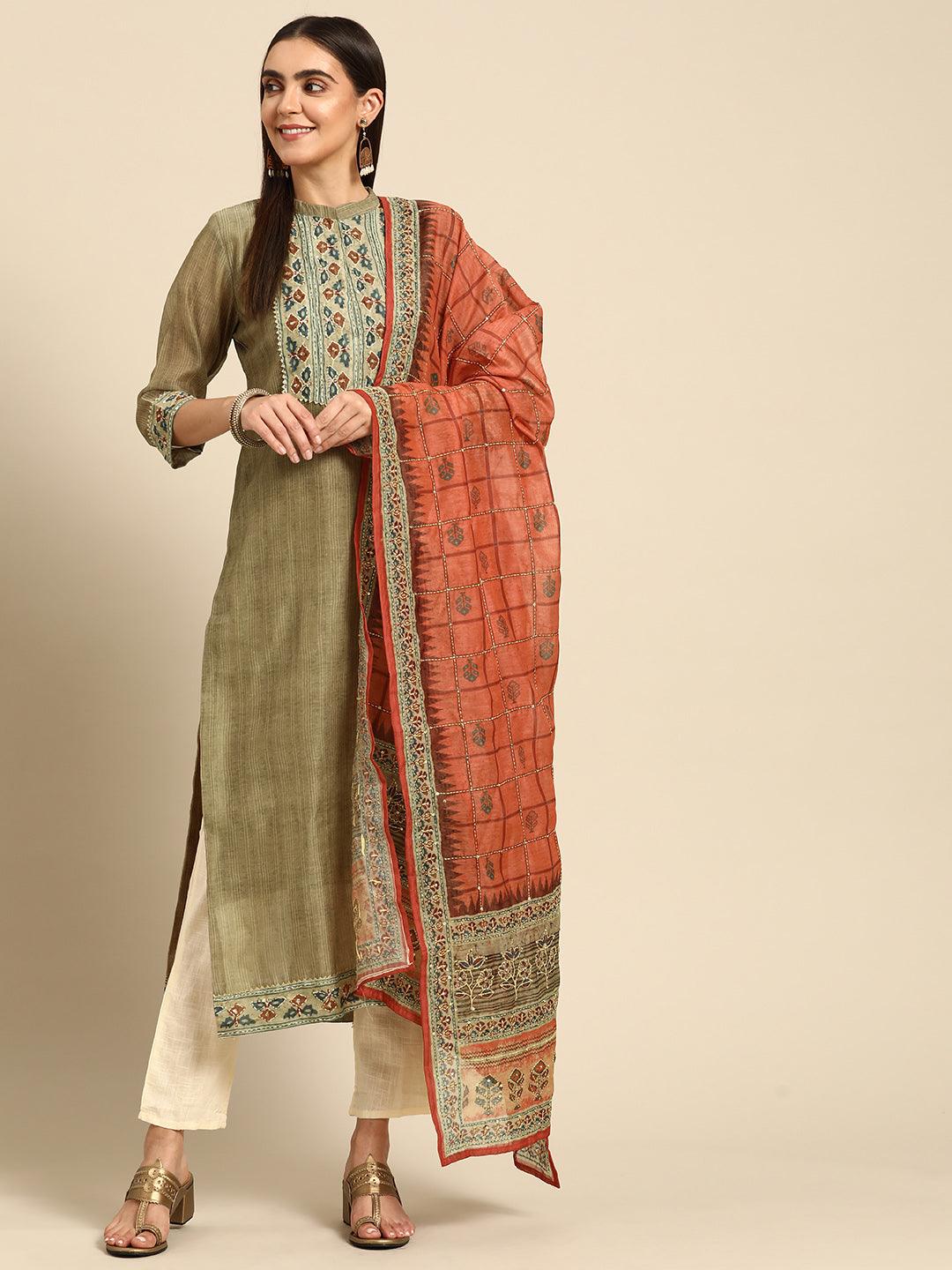 Kantha Embroidered Kurta with Contrast Dupatta - Dusty Green - Indiakreations