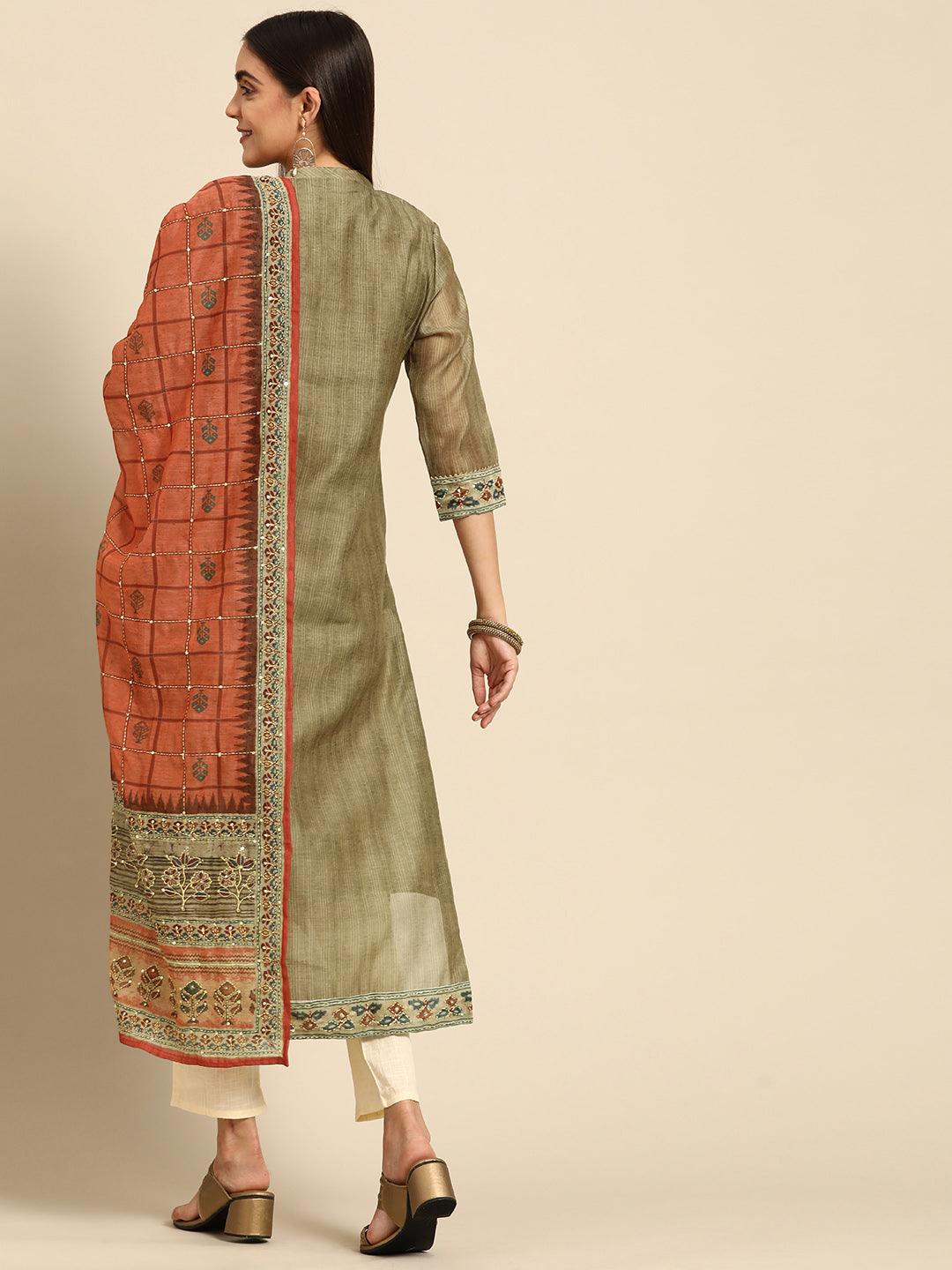 Kantha Embroidered Kurta with Contrast Dupatta - Dusty Green - Indiakreations