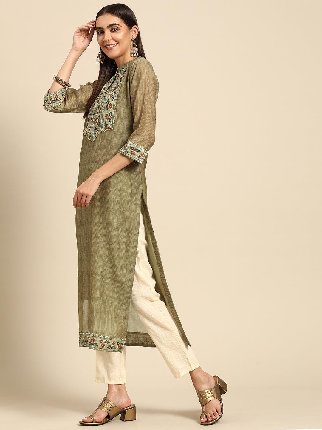 Kantha Embroidered Kurta with Contrast Dupatta - Dusty Green - Indiakreations