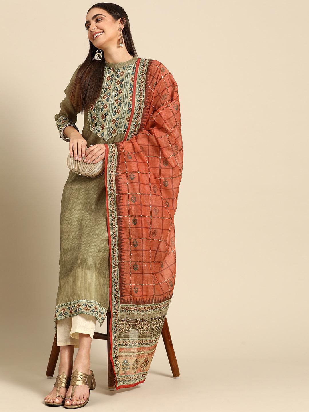 Kantha Embroidered Kurta with Contrast Dupatta - Dusty Green - Indiakreations