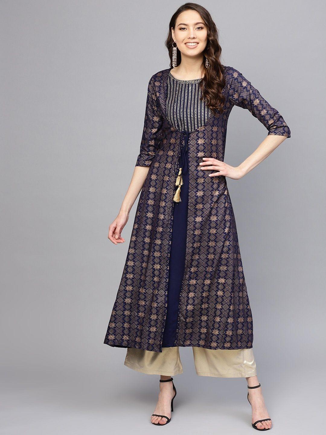 Blue Gold Printed Anarkali Kurta - Indiakreations