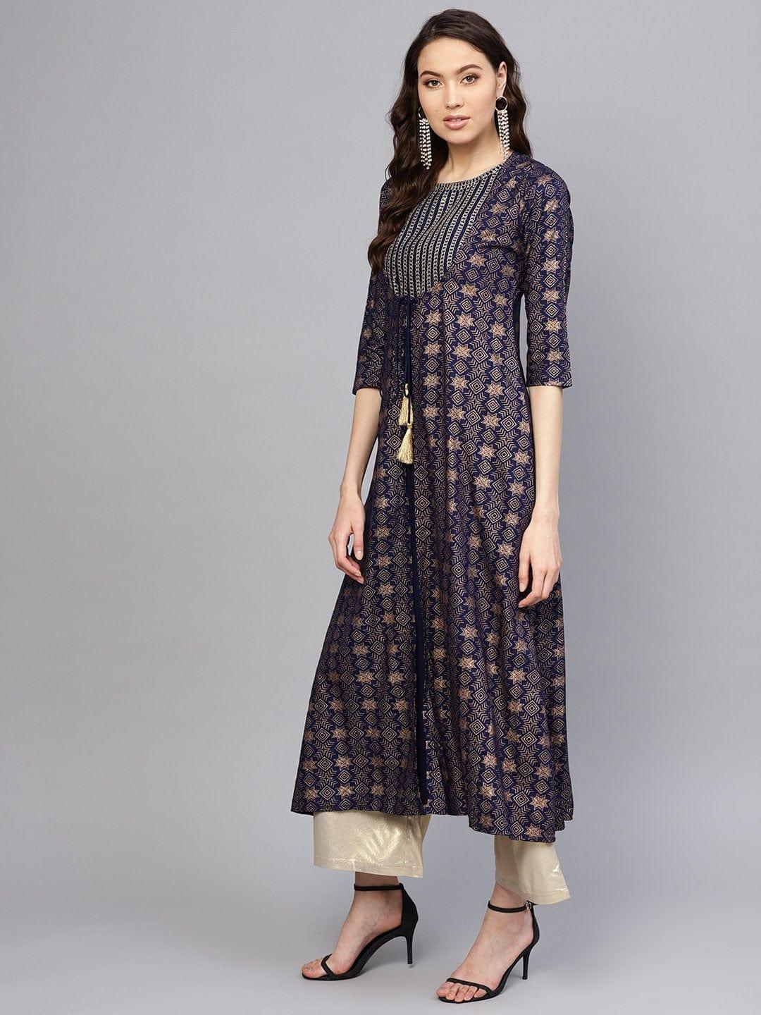 Blue Gold Printed Anarkali Kurta - Indiakreations