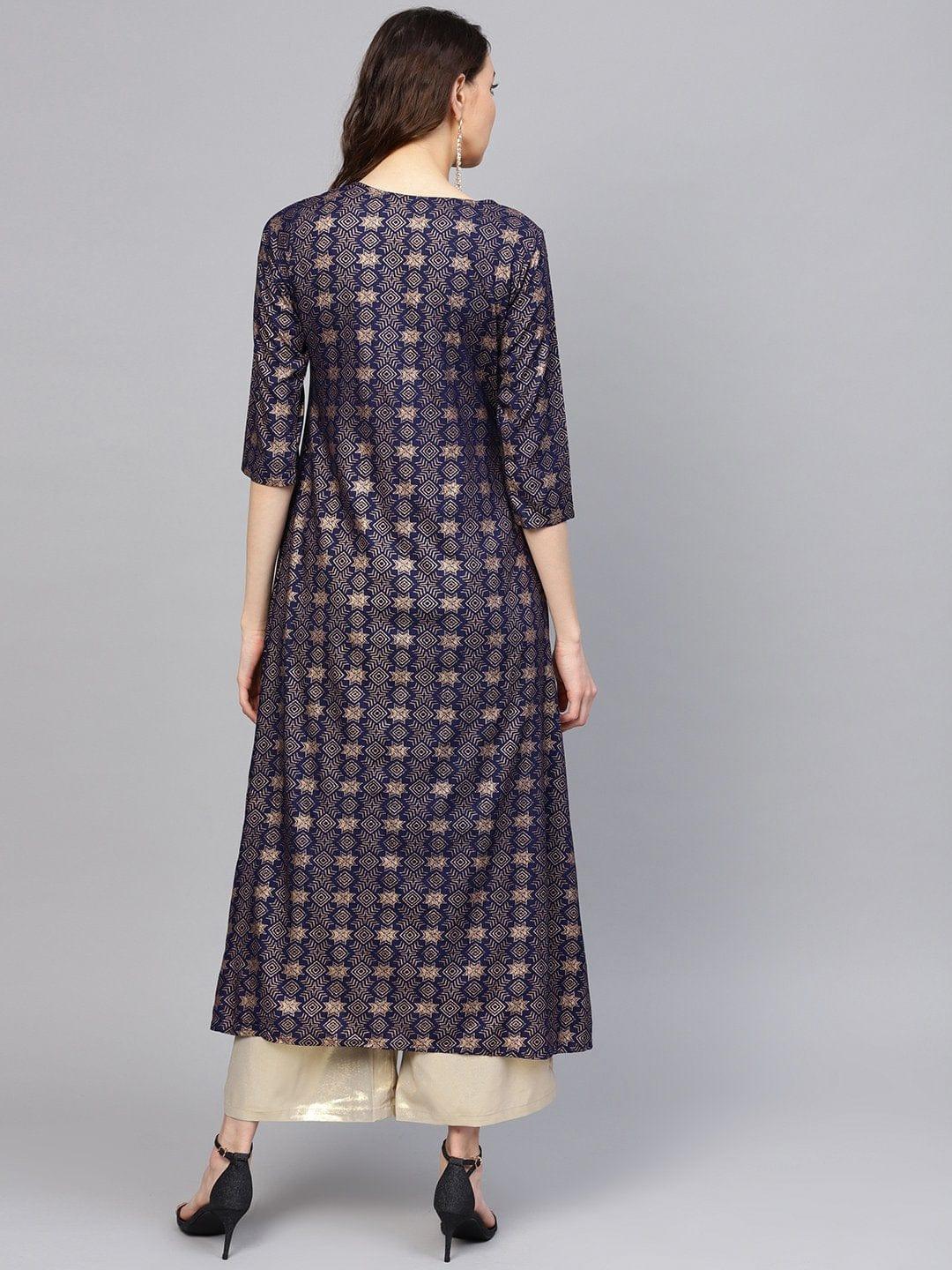 Blue Gold Printed Anarkali Kurta - Indiakreations