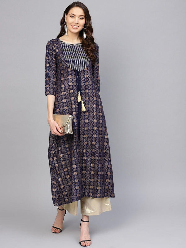 Blue Gold Printed Anarkali Kurta - Indiakreations