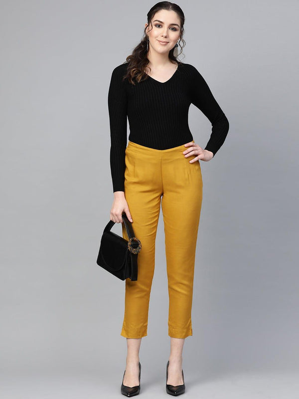 Mustard Yellow Regular Fit Solid Cropped Trousers - Indiakreations