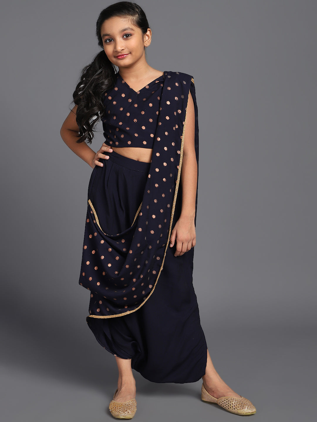 Girl's Navy Blue Gold Printed Dhoti Saree With Blouse - Aks Girls