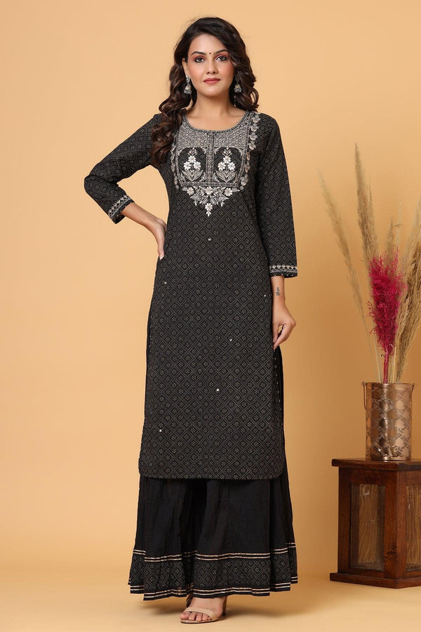 Black Gold Printed Embroidery Kurta Sharara Set - Indiakreations