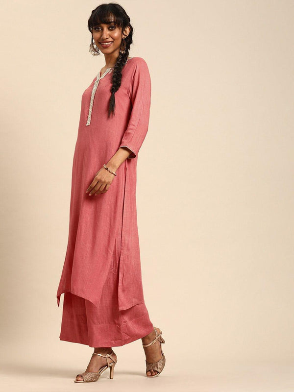 Coral Bhaglpuri Kurta Palazzo Set With Dupatta - Indiakreations