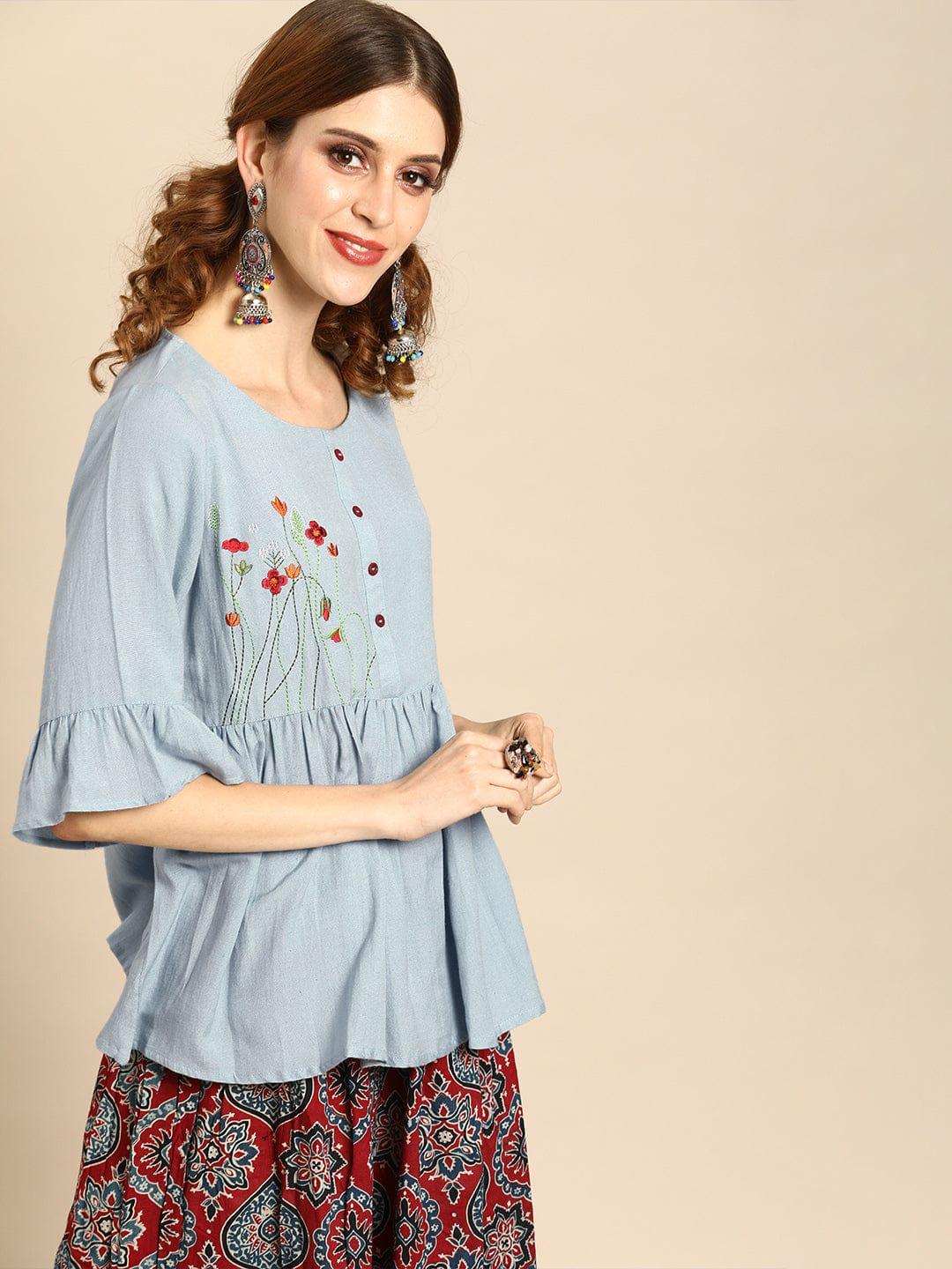 Varanga Blue & Maroon Viscose Rayon Embroidered Tunic - Indiakreations