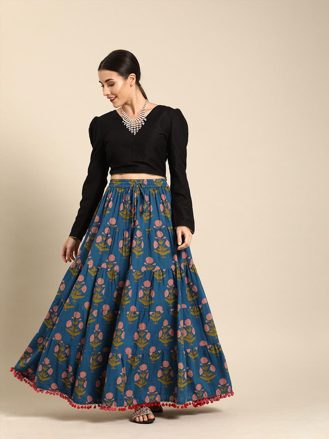 Varanga Blue & Red Printed Tiered Skirt With Pom Pom Detailing - Indiakreations