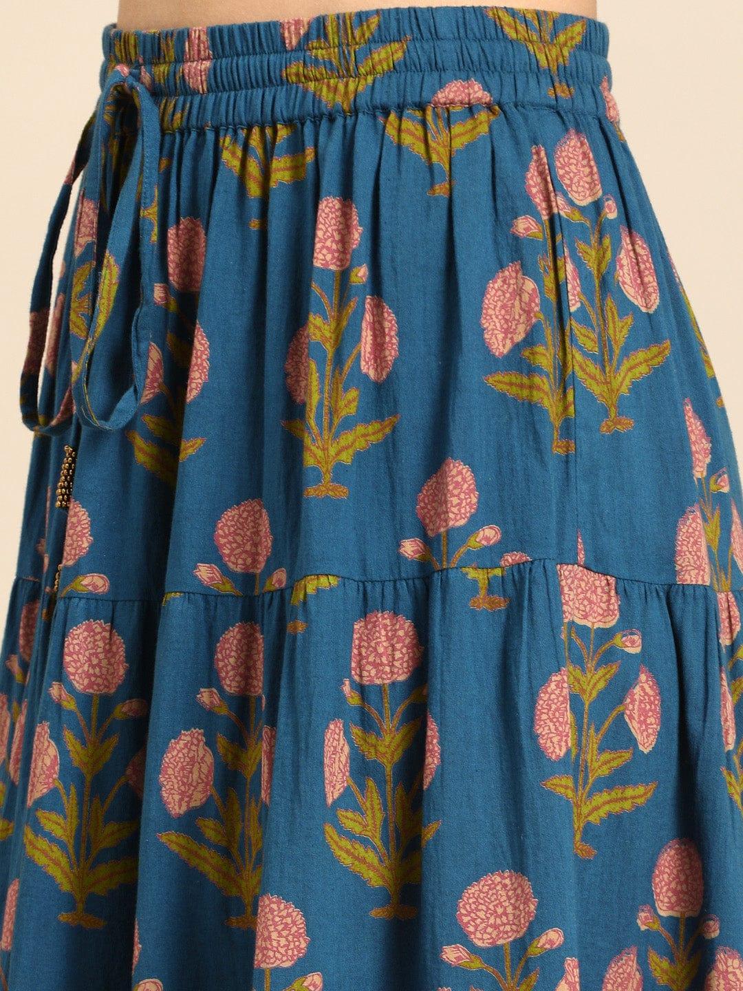 Varanga Blue & Red Printed Tiered Skirt With Pom Pom Detailing - Indiakreations