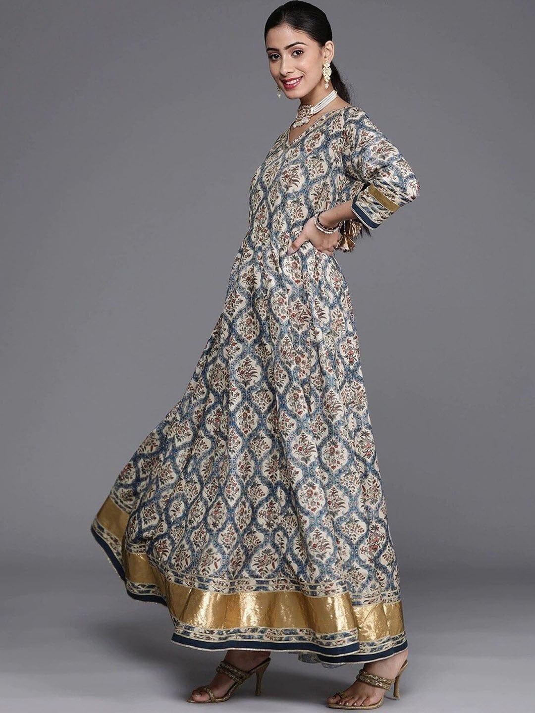 KSUT Women Blue Cream-Coloured Ethnic Motifs Printed Gotta Patti Anarkali Kurta - Indiakreations