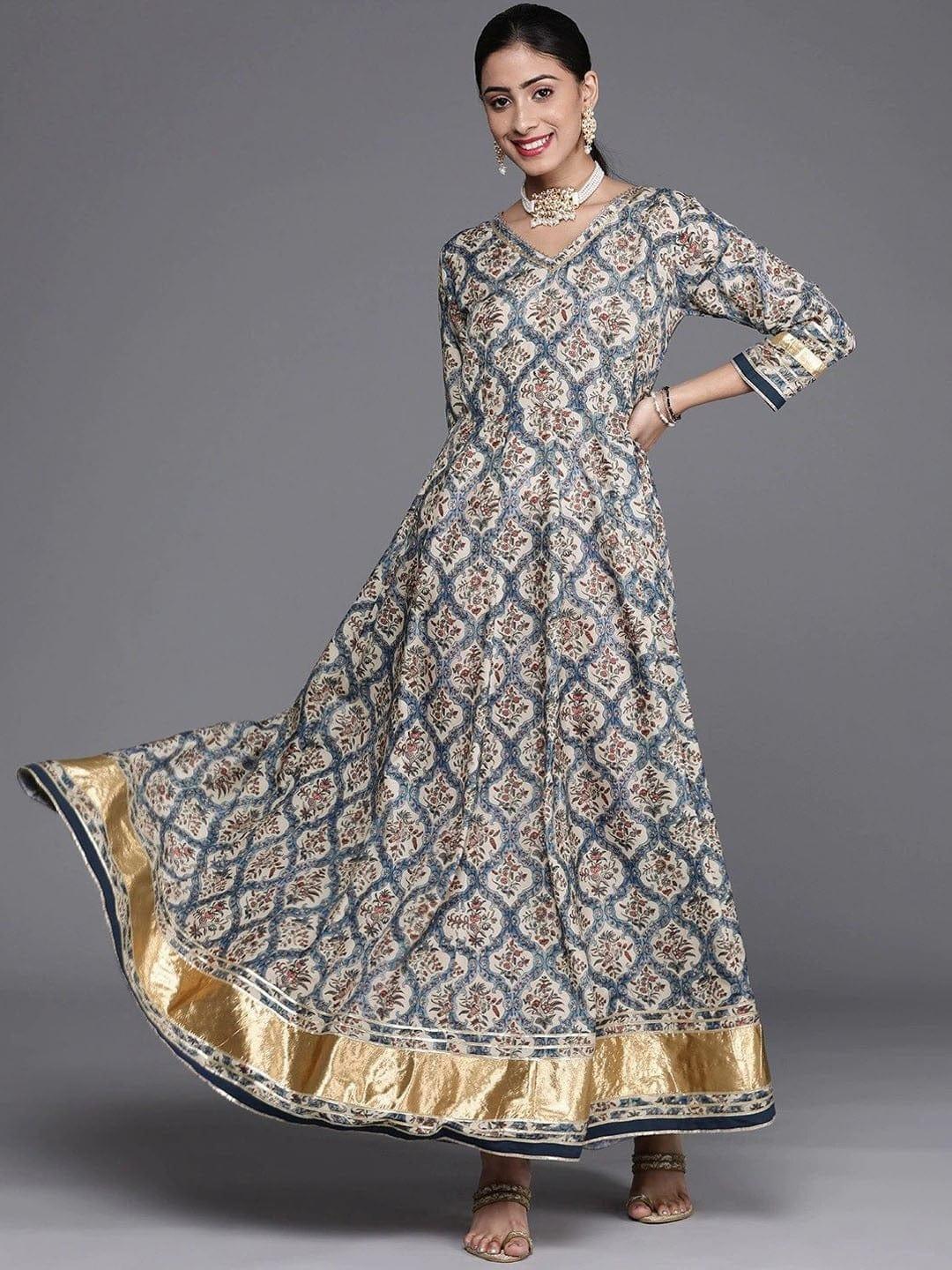 KSUT Women Blue Cream-Coloured Ethnic Motifs Printed Gotta Patti Anarkali Kurta - Indiakreations