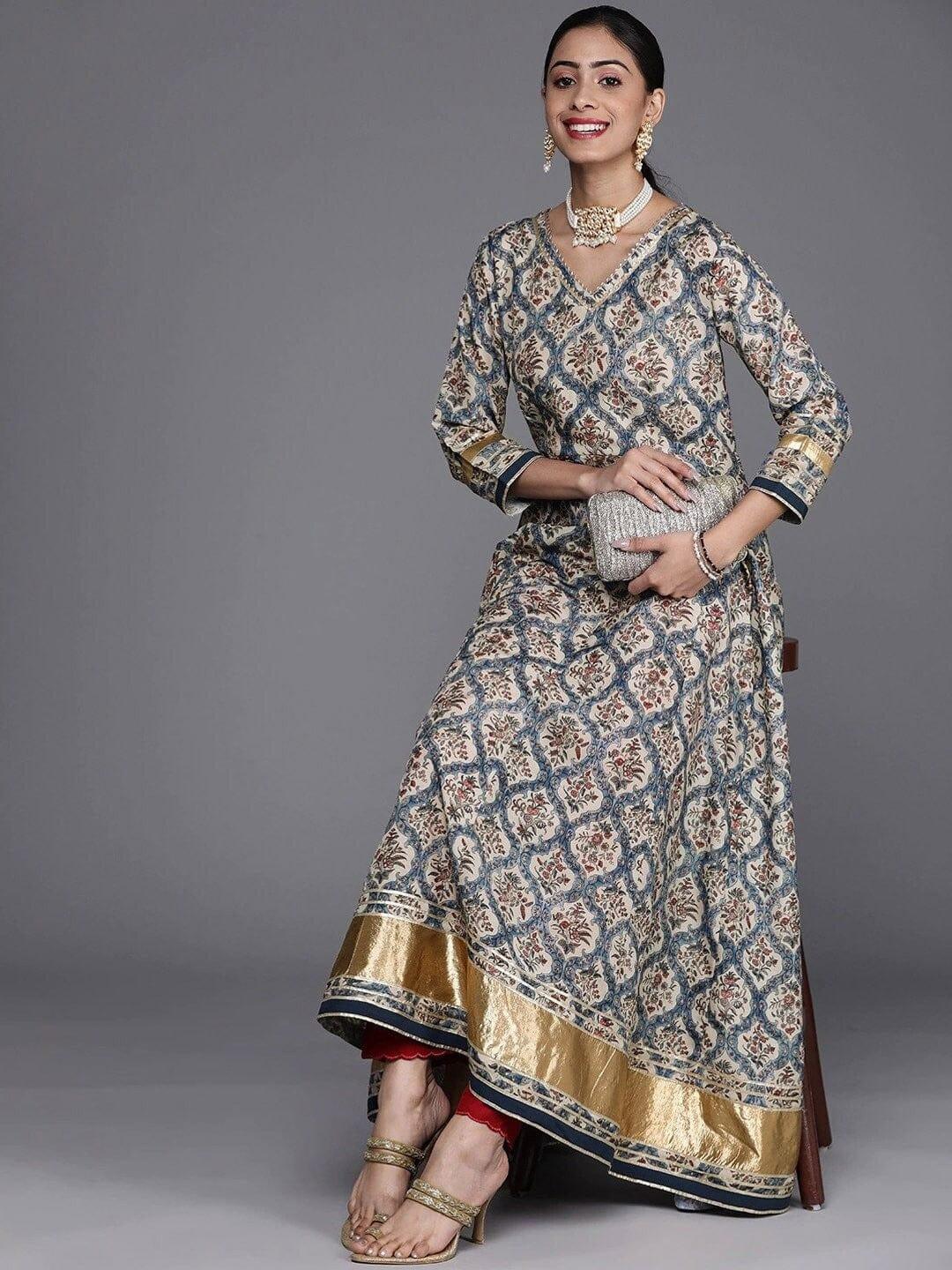 KSUT Women Blue Cream-Coloured Ethnic Motifs Printed Gotta Patti Anarkali Kurta - Indiakreations