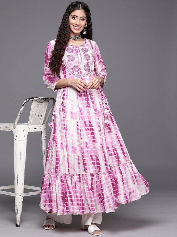 KSUT Women Purple Off White Pure Cotton Dyed Embroidered Mirror Work Anarkali Kurta - Indiakreations