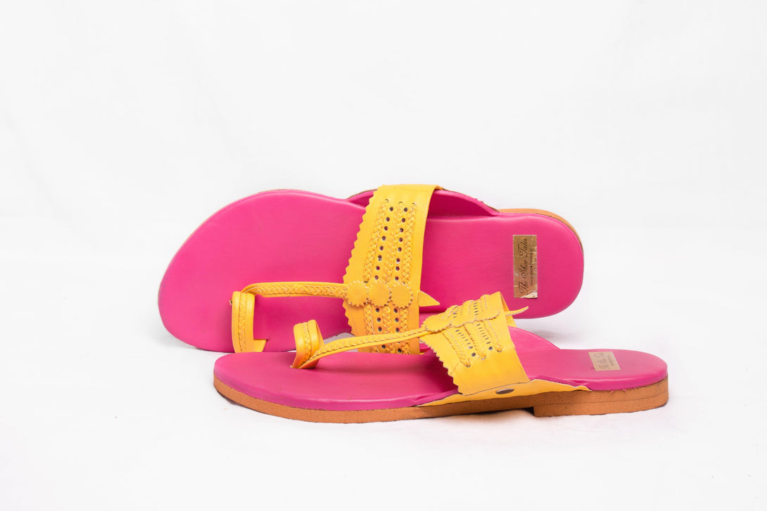 Women's Pink & Yellow Kolhapuris - The Shoe Tales - Indiakreations