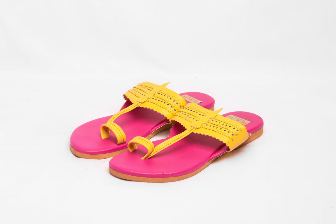 Women's Pink & Yellow Kolhapuris - The Shoe Tales - Indiakreations