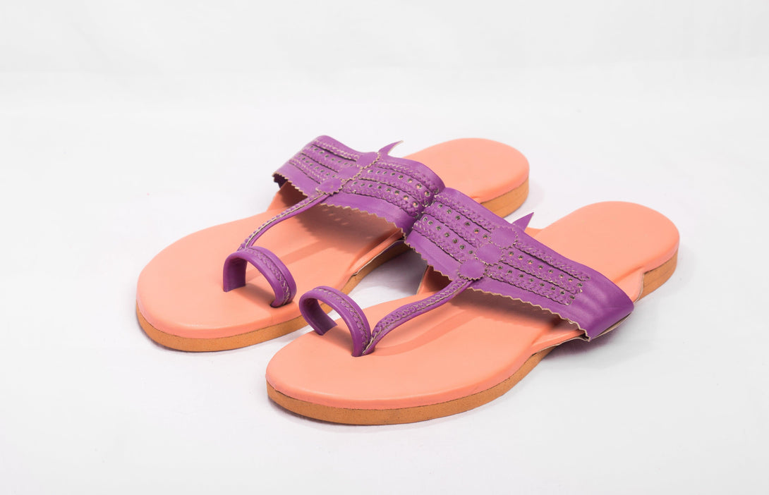 Women's Peach & Purple Kolhapuris - The Shoe Tales - Indiakreations