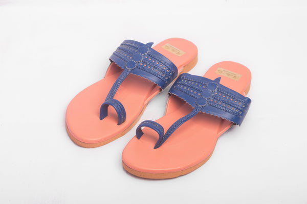 Women's Peach & Navy Blue Kolhapuris - The Shoe Tales - Indiakreations