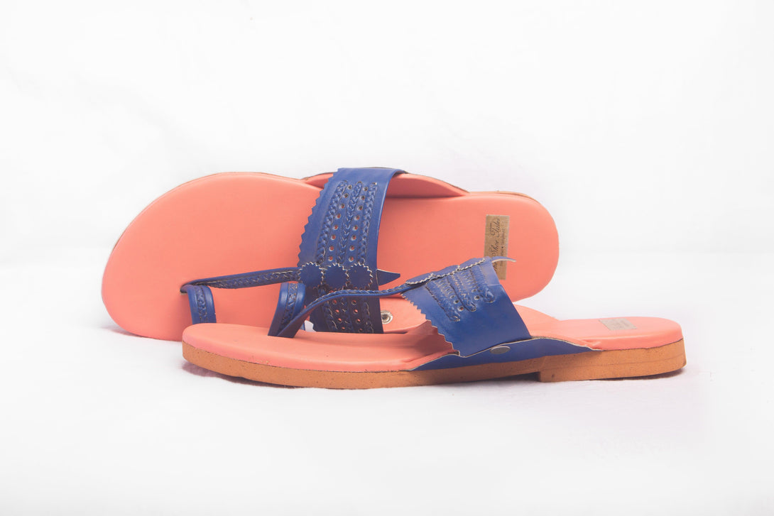 Women's Peach & Navy Blue Kolhapuris - The Shoe Tales - Indiakreations