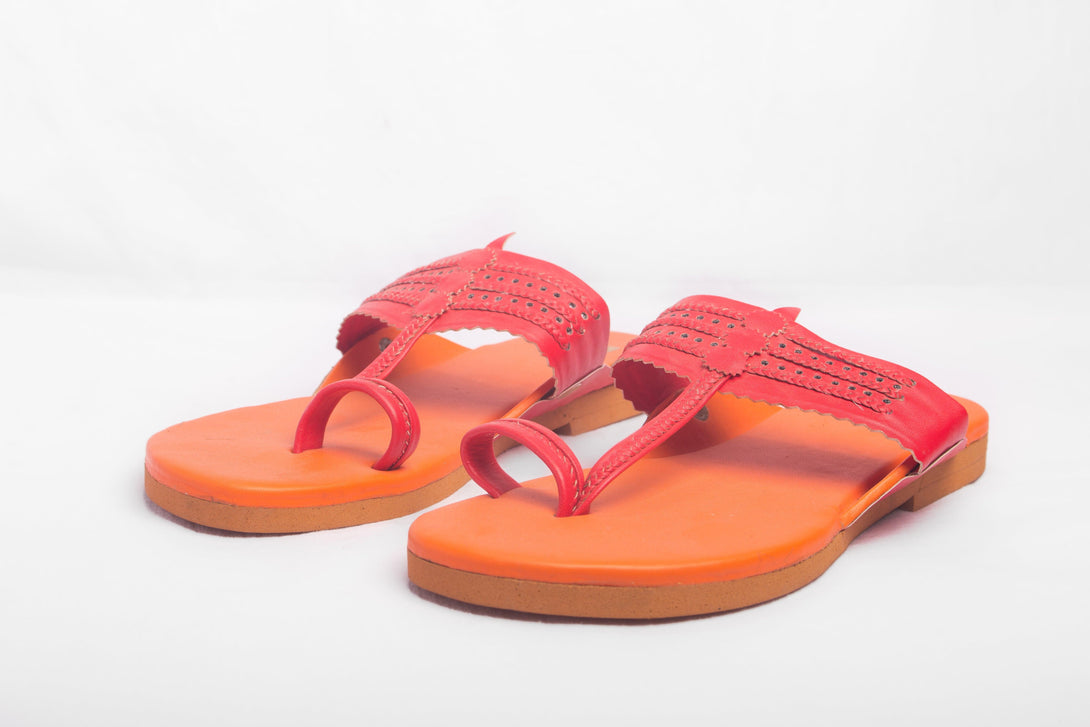 Women's Orange &Red Kolhapuris - The Shoe Tales - Indiakreations