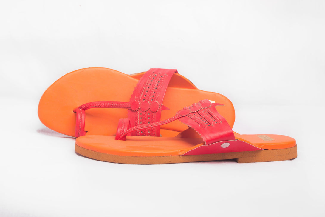 Women's Orange &Red Kolhapuris - The Shoe Tales - Indiakreations