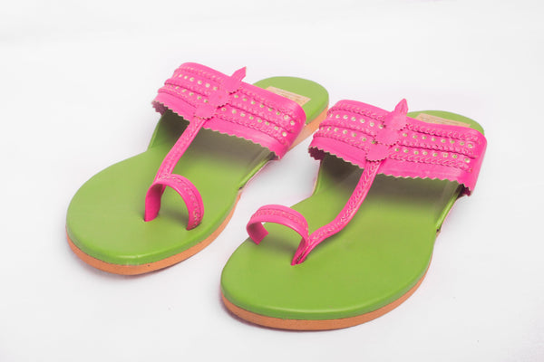 Women's Green & Pink Kolhapuris - The Shoe Tales - Indiakreations