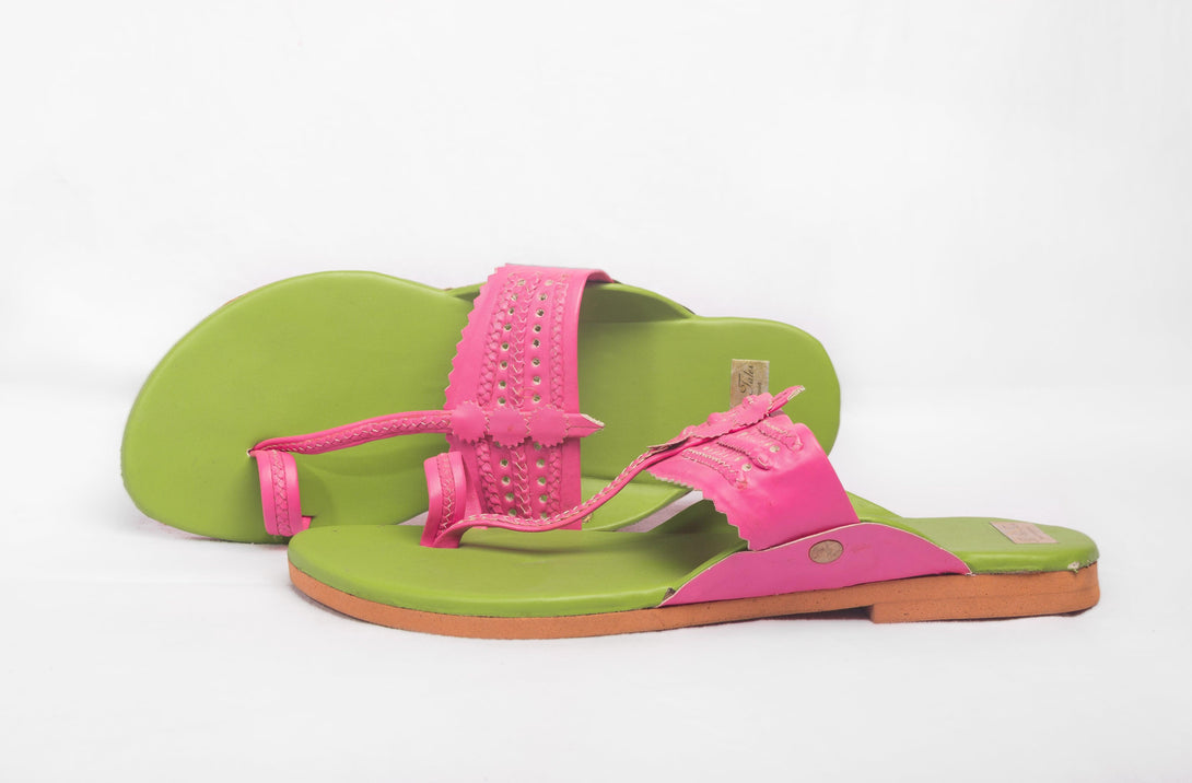 Women's Green & Pink Kolhapuris - The Shoe Tales - Indiakreations