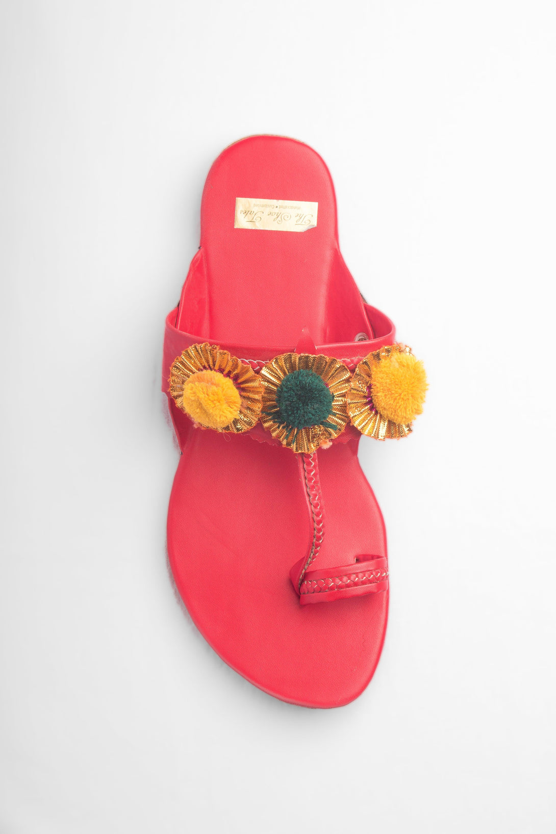 Women's Red Kolhapuris With Pompoms - The Shoe Tales - Indiakreations