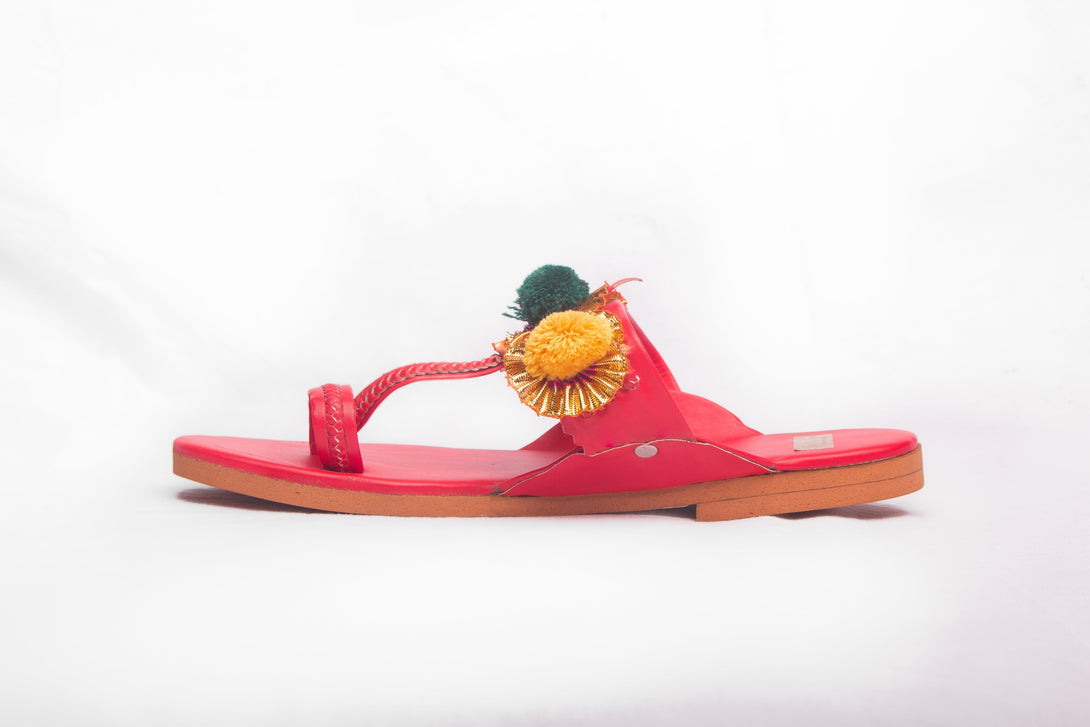 Women's Red Kolhapuris With Pompoms - The Shoe Tales - Indiakreations