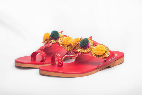 Women's Red Kolhapuris With Pompoms - The Shoe Tales - Indiakreations